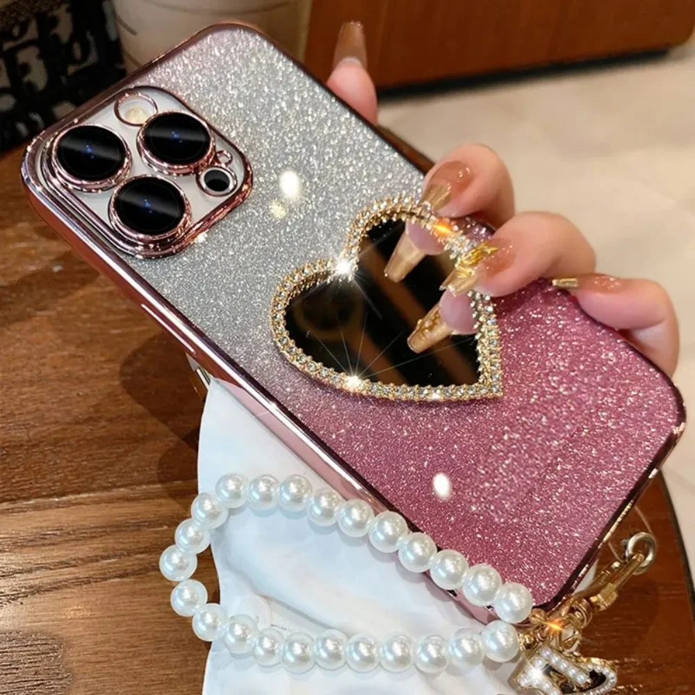 Luxury Diamond Love Mirror Phone Case with Pearl Heart and Hanging Rope