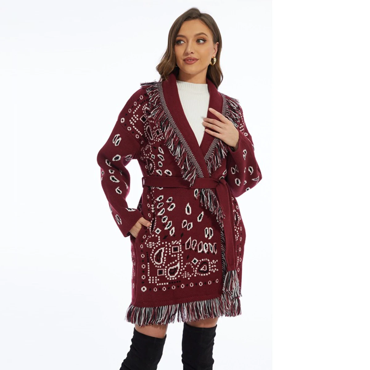 

Jastie Wine Red Jacquard Sweater Cardigan Retro Graphic Mid-length Tassel Long Sleeve Jacket Women's High Street Sweater Coat