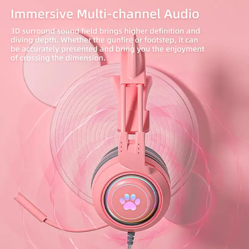 For PS-5 Headphone With Microphone HiFi Stereo Bass Cat Ears Headset Gamer Girls RGB Black Pink Helmet For PC Laptop Phone X-box