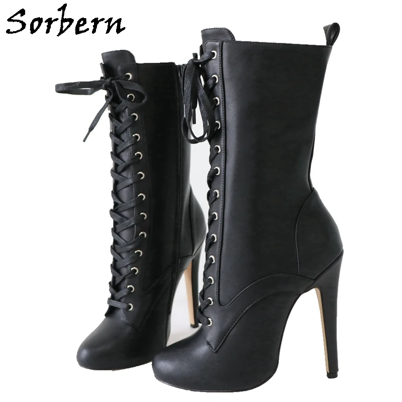 Sorbern Genuine Leather Boots For Women Ankle High 14Cm High Heel Lace
