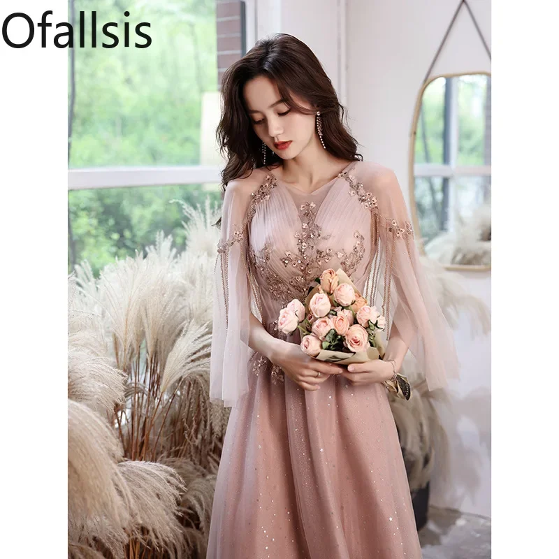 

Ofallsis Banquet Sequins V neck Mesh Sleeve Evening Dress Female Spring 2023 New Fairy Texture Bridesmaid Host Dresses Female