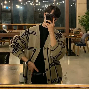 남성용 카디건 니트 스웨터, 블랙 코트, 체크 무늬 V넥, 오버핏 캐주얼 한국 스타일, 저렴한 X, 무료 배송