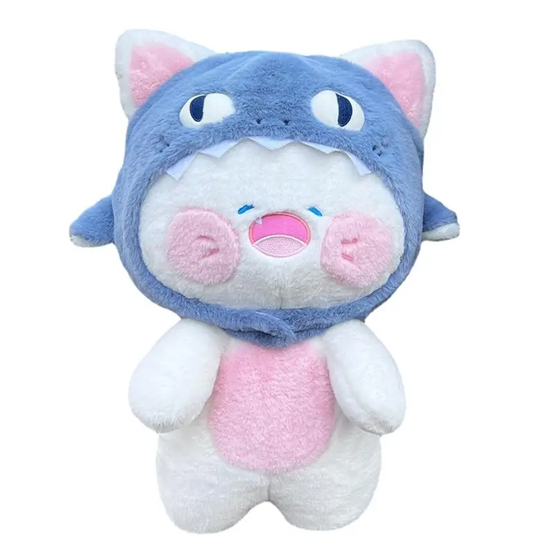 Shark Cat Plush Pillow 35cm Soft Cat Doll With Removable Shark Hat Stuffed Animal Toys For Nursery Room Living Room Bedroom Sofa