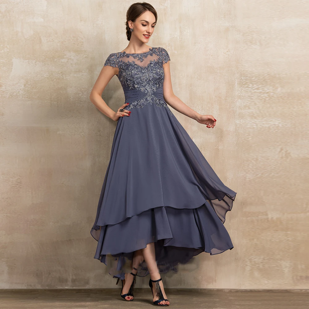 

Yipeisha Charming Grey Lace Short Sleeve Mother Of Bridal Dresses for Weddiing 2023 New Sheath Ankle Length Wedding Party Gowns