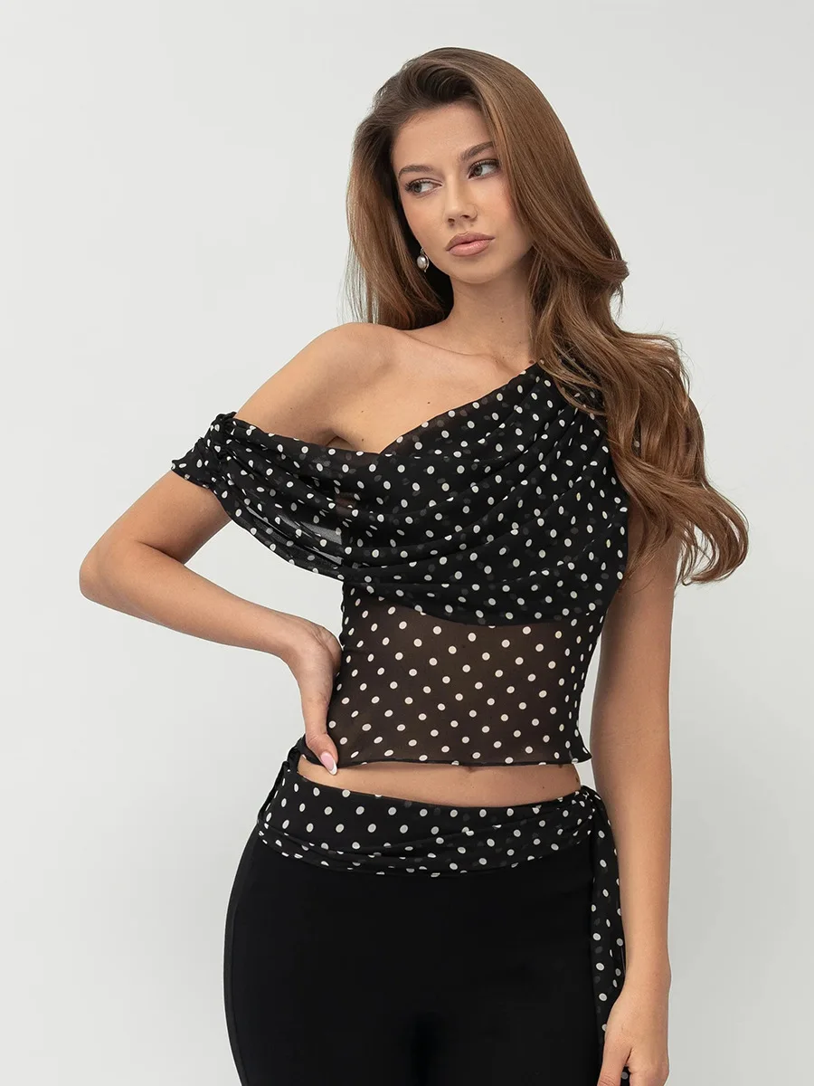 Bornladies Women's 2026 Summer New Polka Dot One-Shoulder Top Sexy Single-Shoulder Camisole Sheer Chiffon Polka Dot Blouse