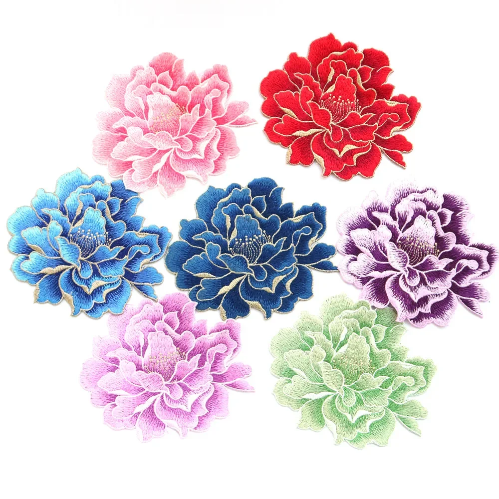 7 Farben Pfingstrose bestickte Aufnäher für Kleidung Nähen Stickerei Rucksack Applikation IR Parches Decorati Abzeichen