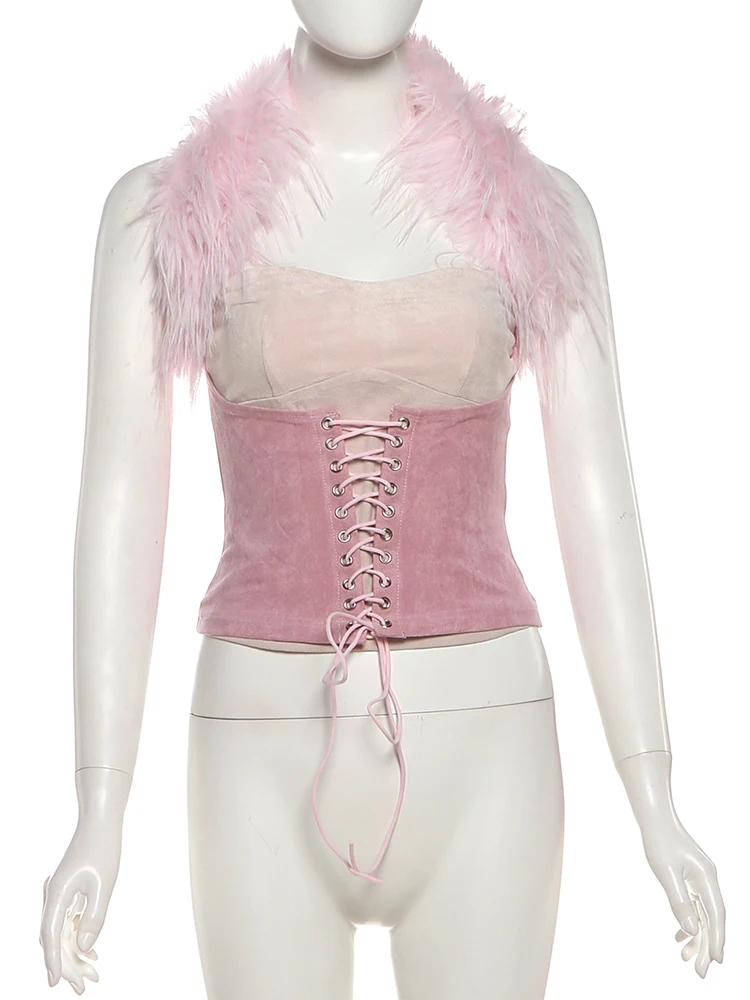 Nibber Backless Shirring Tank Tops Women Fur Patchwork Halter Bandages Sleeveless Stretch Coquette Wild Street Sexy Clubwear