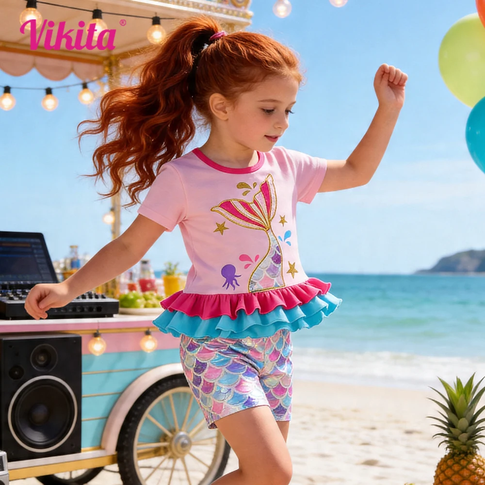 Mädchen Meerjungfrauen-Outfit-Set: Kinder Rüschen-Kurzarm-Baumwoll-Freizeit-Tops und Polyester-Shorts, 2-teiliges Set