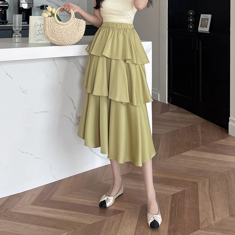

Ruffles Pure Color Summer Women Skirts High Waist Irregular Pink Blue Black A-line Female Cake Skirt Basic Streetwear