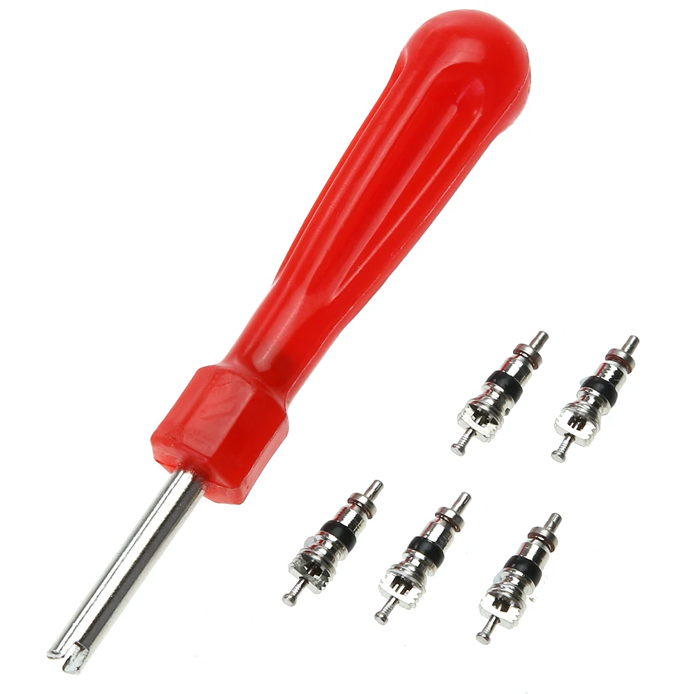 Tire Valve Core Removal Installer Tool Screw Driver Tire Repair Wrench with 5 Valve Cores Car Bike Motorcycle Repair Tools