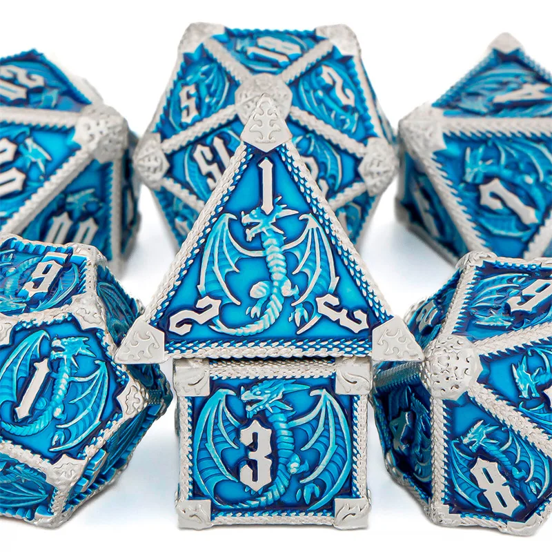 

OUKELANWO 7 Pcs Metal DND Handmade Dice Set Dungeon And Dragon Polyhedral Dice Set Blue RPG Role Playing Dice