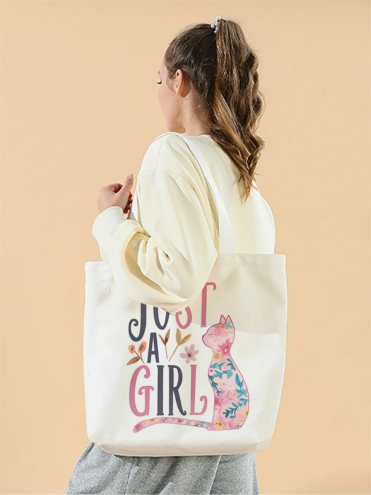 1pc,letter cat handbag, reusable fashionable handbag, multifunctional handbag, printed canvas shopping bag