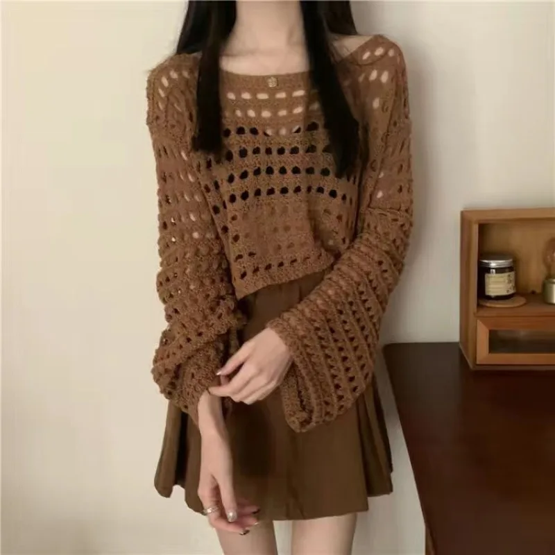 Vintage Hollow Out T-shirt Casual Knit Sweater Loose Y2K T-shirt Crewneck Thin Sweater Autumn Pullovers Fashion Streetwear