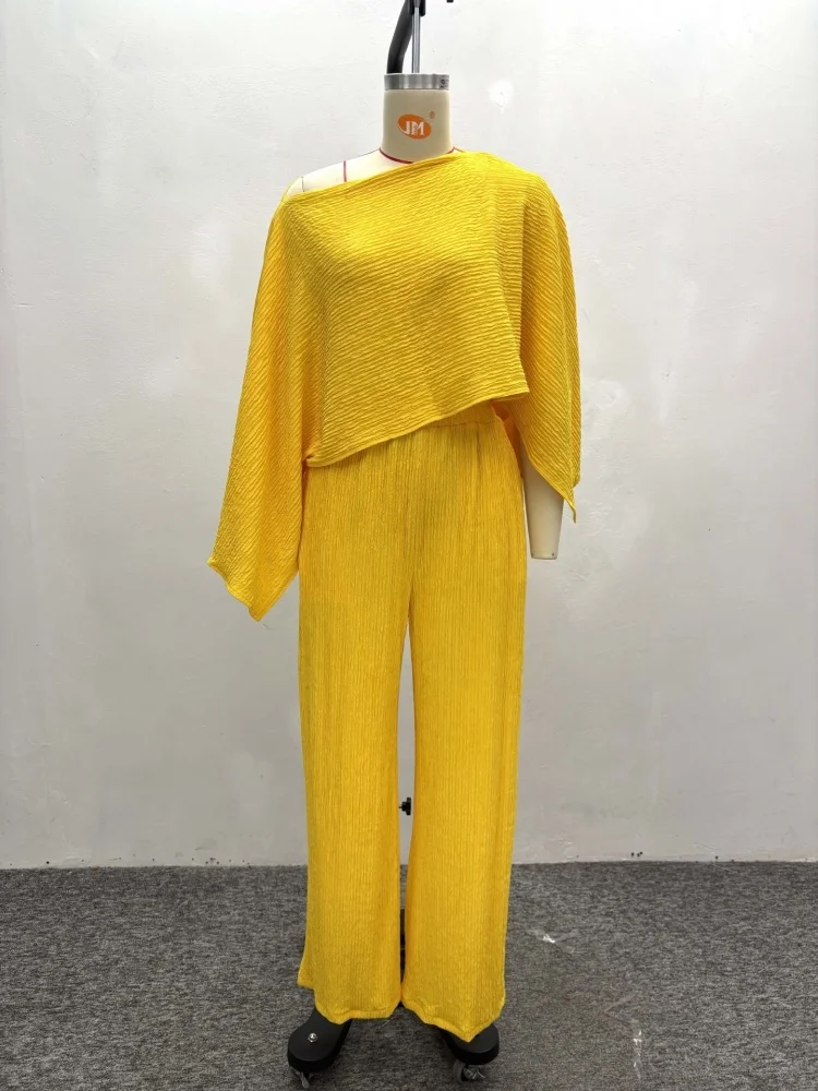 Wmstar Two Piece Set Women Wholesale Miyake Pleated Fashionable Elegant Shoulder Irregular Top Trousers Solid Color Casual Suit