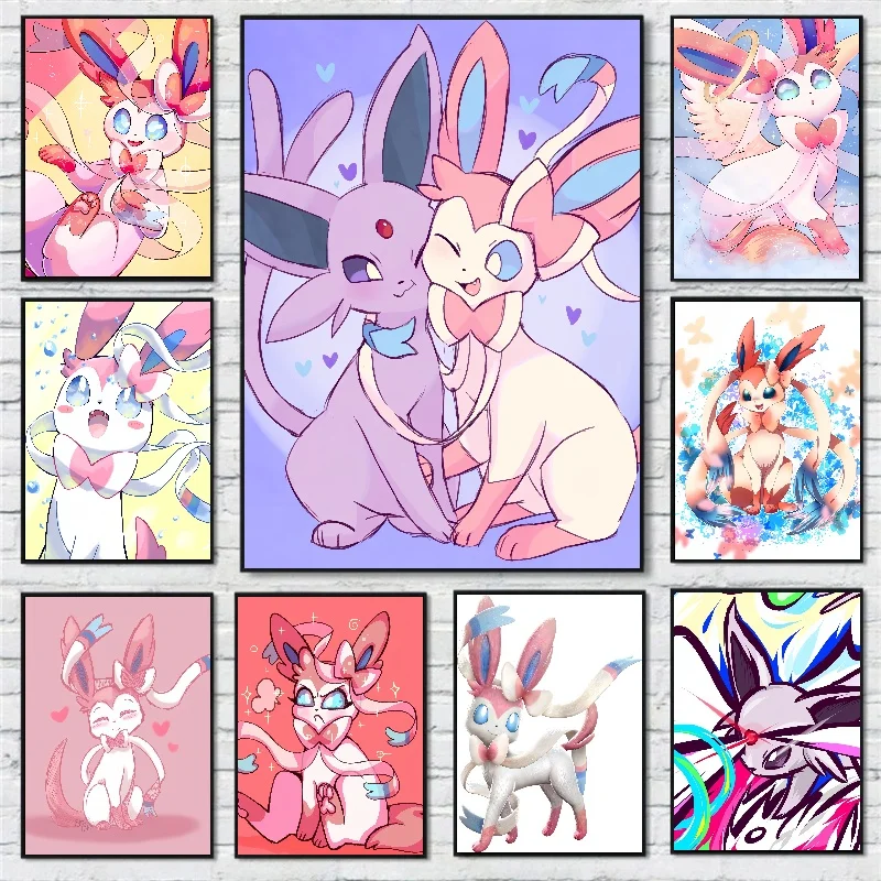 

Pokemon Japanese Anime Figures Eevee Sylveon Vintage Canvas Painting Decorative Picture Poster Bedroom Art Wall Stickers