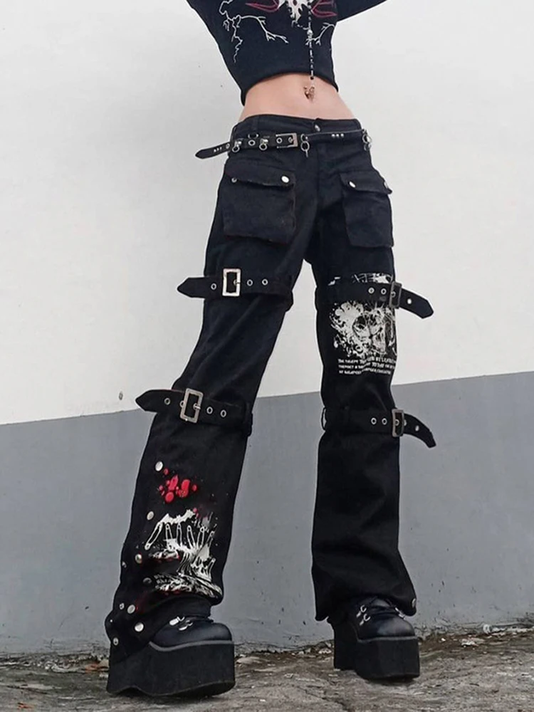 Cyber y2k calças femininas techwear gothic emo alt calças de impressão punk  corte baggy jeans fada botão amarrar preto hippie calças - AliExpress