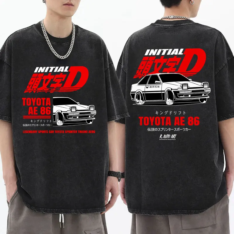 Anime Drift AE86 Initial D Washed T-shirt Short Sleeves R34 Skyline GTR JDM Manga Distressed Black T Shirts Men Women Streetwear