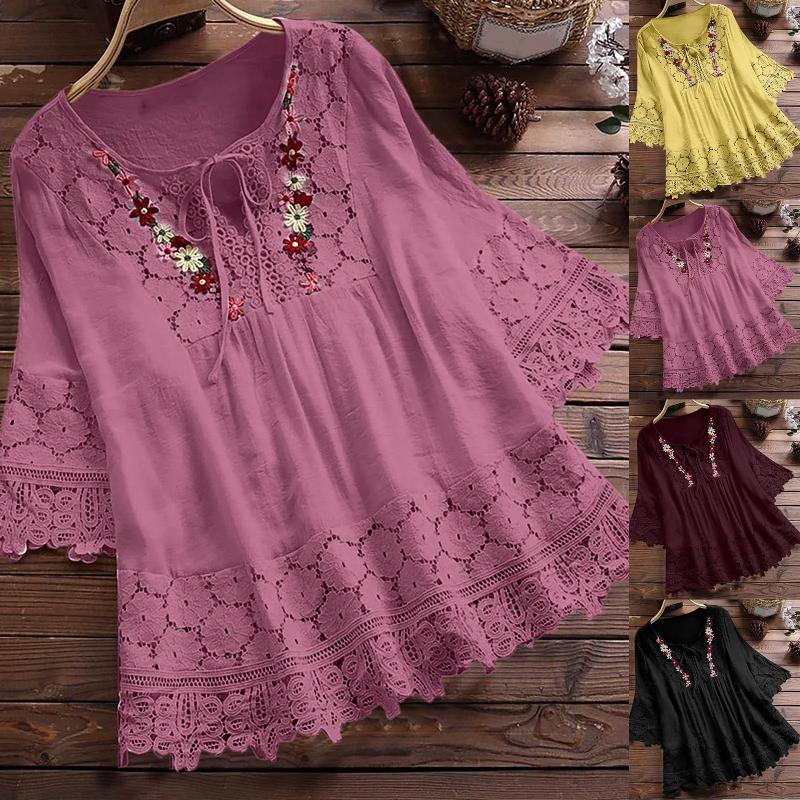 Art Brown Oriental Lace Patchwork Top For Women Oversized main image 0