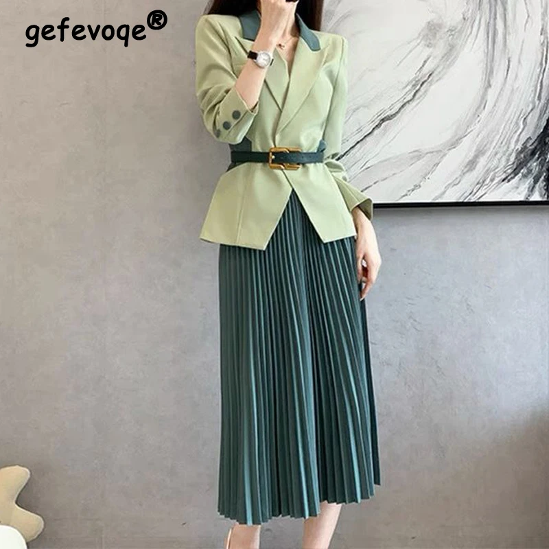 Blazer de cores contrastantes feminino e conjunto de saias midi plissadas, moda elegante, cinto, senhora do escritório, negócio, casual, outono, inverno, 2 peças