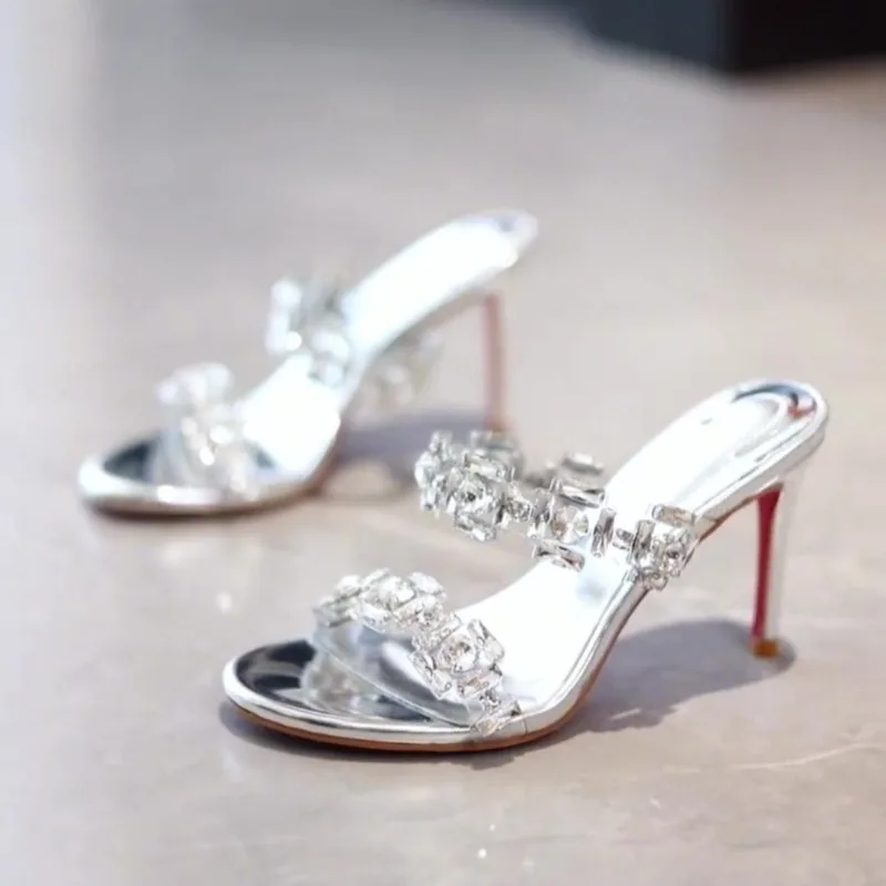 Fine Heel Flip-flops Summer New Round Head Open Toe Sequin Buckle Anti-slip Wear-resistant High-heeled Sandals