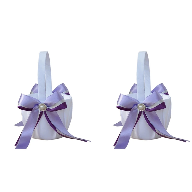Hot Yo-2Pcs Flower Basket Rose Bow Ribbon Lace Wedding Bridal Flower Basket Party Flower Girl Basket Decorazione Per Banchetti Di Nozze