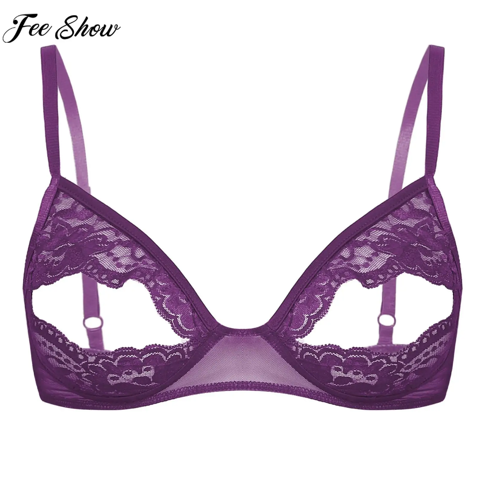 Women Sexy Hollow Out Bra Top Soft Sheer Lace Adjustable Straps Open Cut Exposed Nipples Brassiere Lingerie Underwear Nightwear