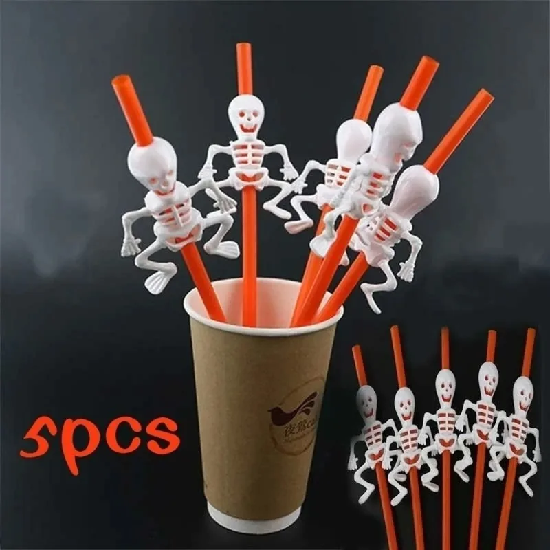 5pcs Halloween Festival Bar Party Decorations Home Party Halloween Decorations Halloween Cartoon Skull/Pumpkin Straws