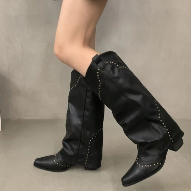 

Shoes Female 2023 High Quality Slip-on Women's Boots Fashion Rivet Party Boots Women Sexy Pointed Toe Knee-High Boots Zapatos