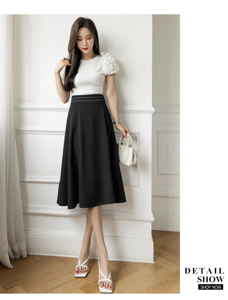 satin midi skirt Elegant Pleated Midi Skirts Womens 2022 Spring Summer Korean Casual Fashion Slim High Waist A-line Skirt Ladies Chic Black Blue leather skirt