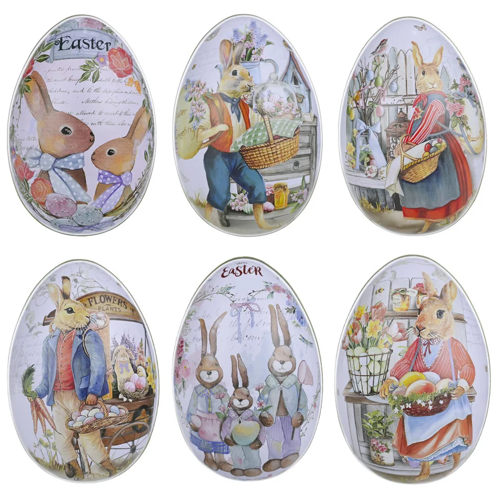 3/6pcs 부활절 달걀 모양의 주석 사탕 상자 빈티지 토끼 토끼 인쇄 금속 달걀 껍질 쿠키 컨테이너 부활절 파티 선물 호의 장난감
