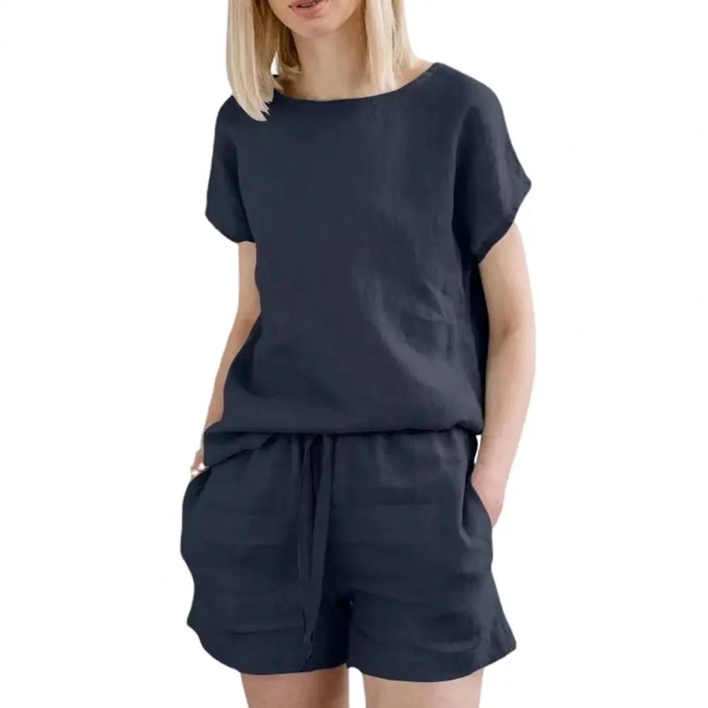 

Loose Fit Women Suit Women's Two-piece Set With Round Neck T-shirt Shorts Soft Breathable Fabric Elastic Waistband Solid Color