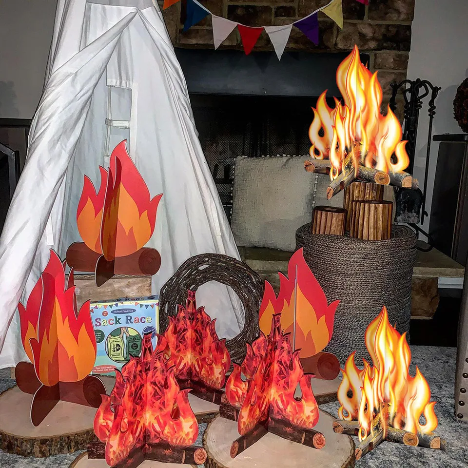 Decoración de Camping de llama falsa, centro de mesa de fogata de cartón  3D, llamas artificiales, decoración de fiesta de fogata - AliExpress, image size:960x960