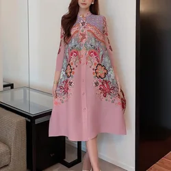 Miyake Pleated Large Size Dress Women's 2023 Autumn New Print Stand Collar Loose Fat MM Slim Stretch Cardigan Mid-length Skirt