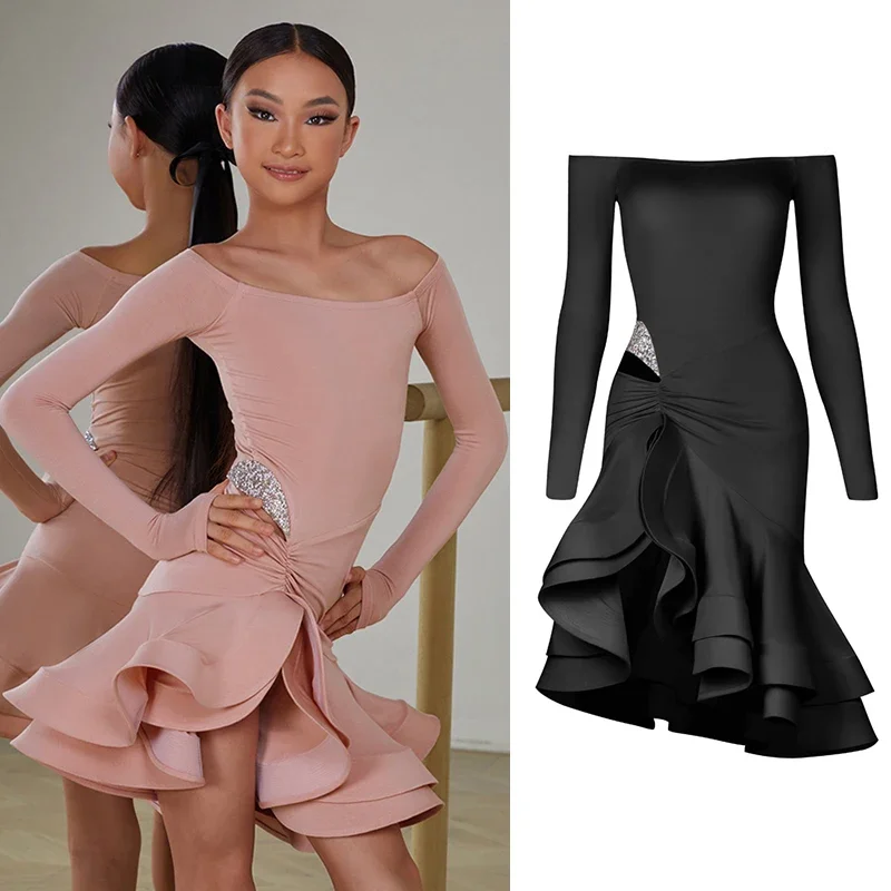 

New ZYM Latin Dance Dress Girls Competition Clothing Crystal Waist Kids Long Sleeves Pink Black Dress Practice Performance Wear