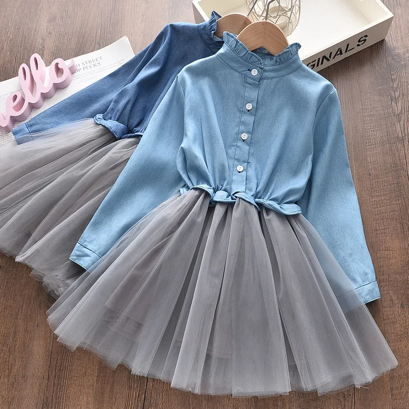 

Spring/Autumn Children's Wear New 3-7 Year Old Girls' Princess Long Sleeve Dress Blue Denim Top Mesh Skirt Girls' Long Sleeve