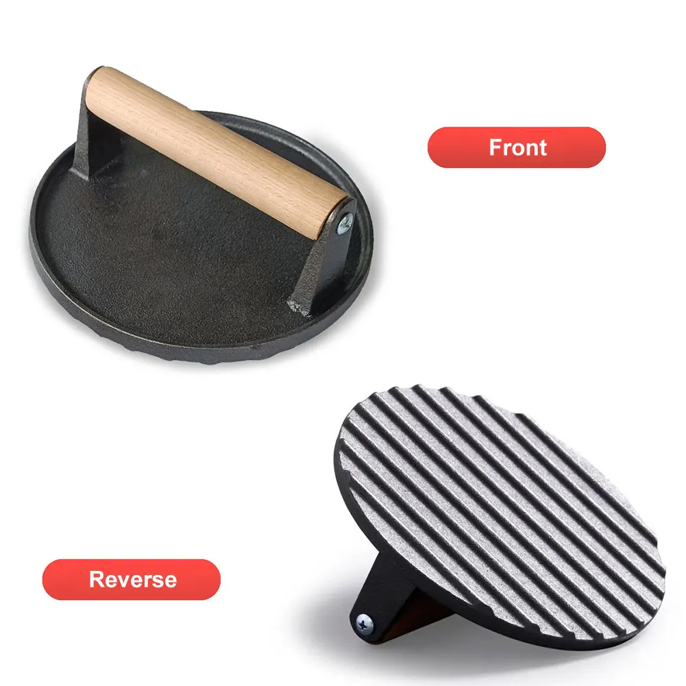 Kitchen Heavy Cast Flat Iron Steak Weight/Bacon Press with Wooden Handle Heavy-Weight Grill Press Commercial Grade Burger burger press