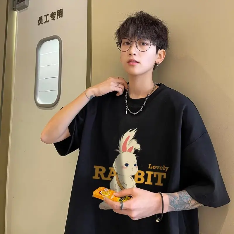 

E-BAIHUI T Shirts for Male Summer Animal Print Loose O-neck Oversized T Shirt Mans American Vintage M-3XL Men Clothing Tops