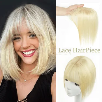 Honey Blonde 5x9cm Real Human Hair Topper 8"-14" Natural Straight Top Hairpiece Natural Black Hair Topper Middle Part with Bangs