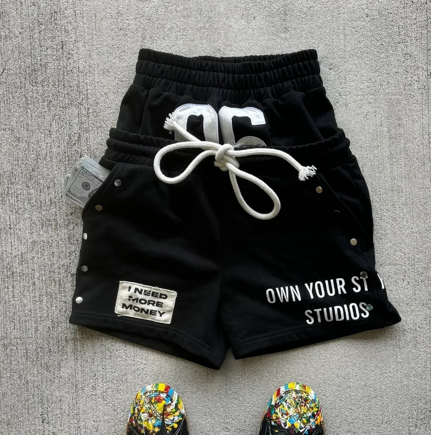 Summer new style drawstring double-ended pants American retro washed personalized printed casual shorts trendy retro loose pants