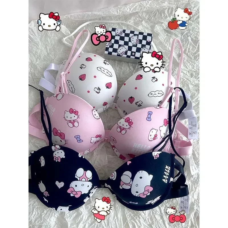 

Комплект бюстгальтера Sanrio Hello Kitty Kawaii, милое нижнее белье, трусики и бюстгальтер, бюстгальтер пуш-ап, комикс, нижнее белье, сексуальный бюстгальтер с чистым желанием, подарок для девушки