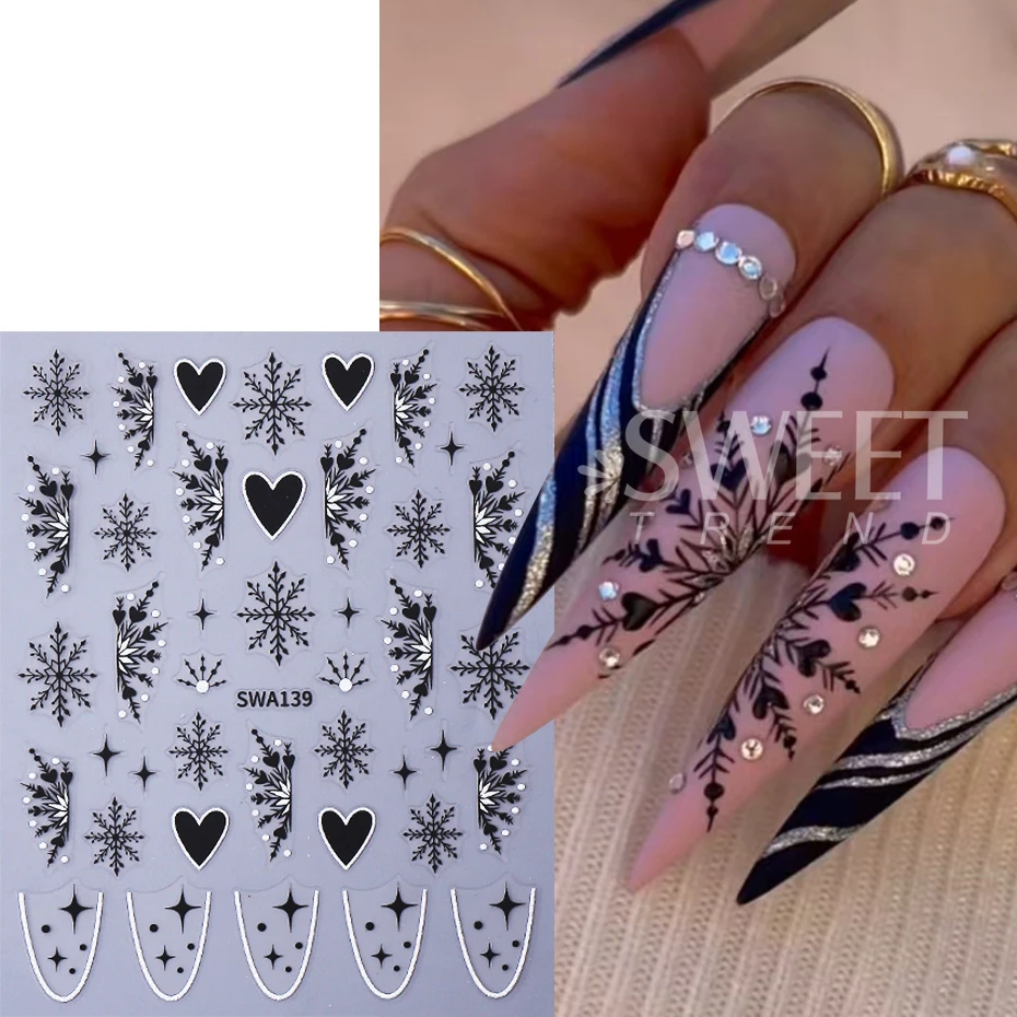 2pcs Black White Snowflake Nail Stickers 3D Love Heart French Star Design Nail Slider Decals DIY Christmas Manicure Decoration