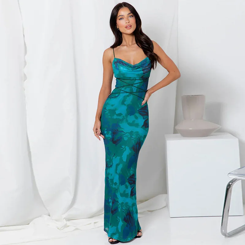 

Women's 2024 Spring New Sexy Backless Lace-up Print Halter Dress Women