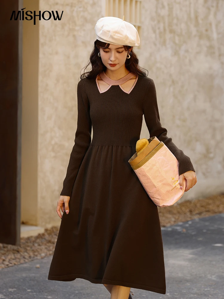 

MISHOW Autumn Winter 2023 Knitted Dress for Women Hollow Out O Neck A-LINE Pullover Long Sleeve Female Midi Dresses MXB33L1199