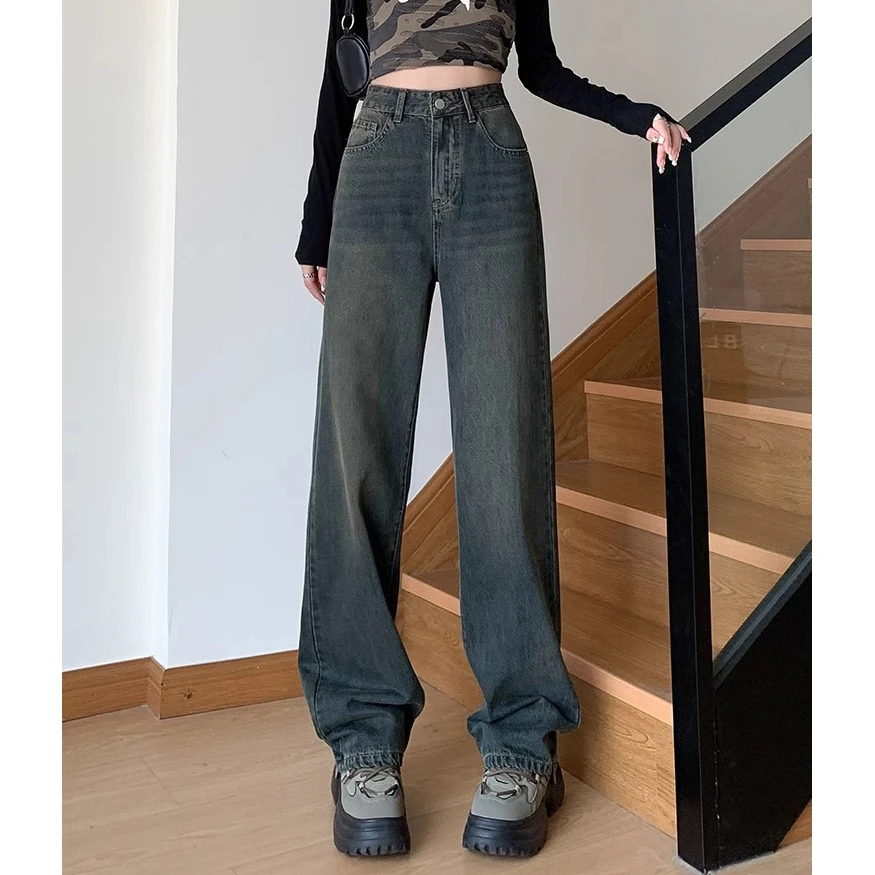 American retro cement gray wide-leg jeans female spring 2024 new high-waisted thin loose straight drag pants