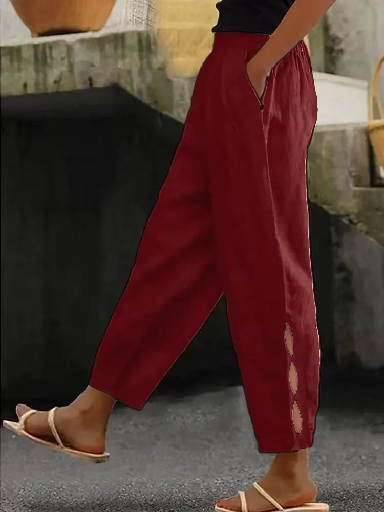 Women Fashion Embroidered Lace Trousers Vintage Lace-Up Pockets Pants Summer Elegant Loose Elastic Waist Long Pants Streetwears