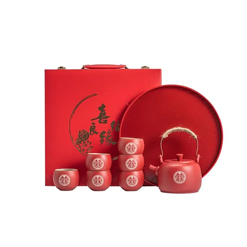 Chinese Style Ceramic Filter Tea Pot Set, Household Tea Pot and Cup Set, Red Teaware Gifts, Wedding, A Pot of Eight Cups