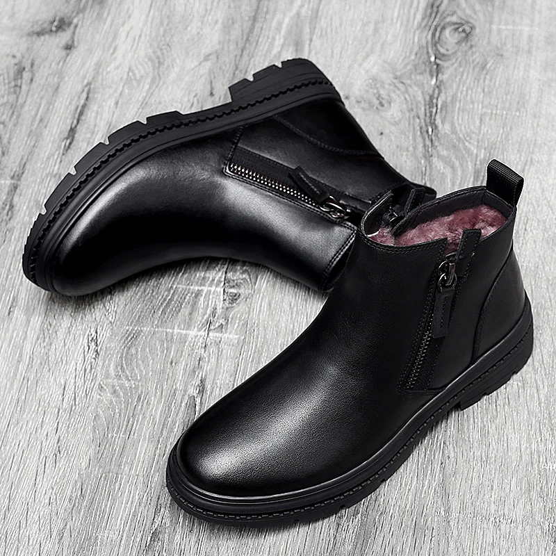 Man Winter Chelsea Boots Fur Warm Male Casual Genuine Leather Shoes Designer Men's Dress Boot Handmade Zipper Business Footwear chelsea boots men leather boots