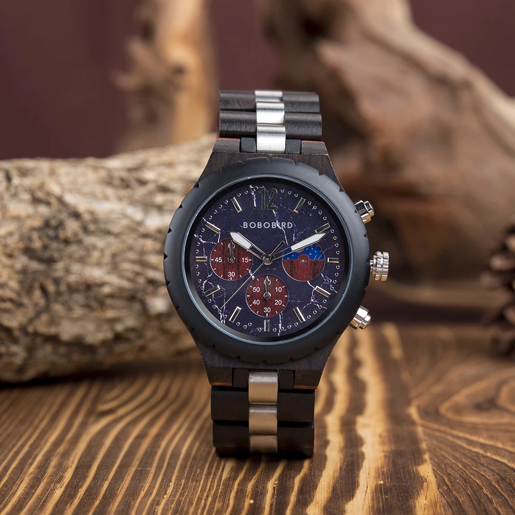 BOBO BIRD Wooden Mens Watches Chronograph Timepieces Luxury Quartz Wrist Watch For Men relogios masculino Custom Dropshipping