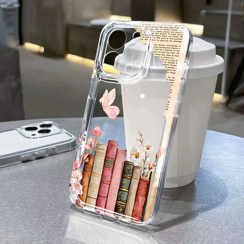 Soft Clear Phone Case with Retro Floral Decor and Book Cover Design