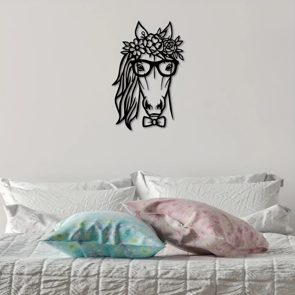 

Hello Young Horse, металлический домашний декор, уникальная лошадь с цветами, Настенный декор, табличка, стальное искусство, геометрический вырез